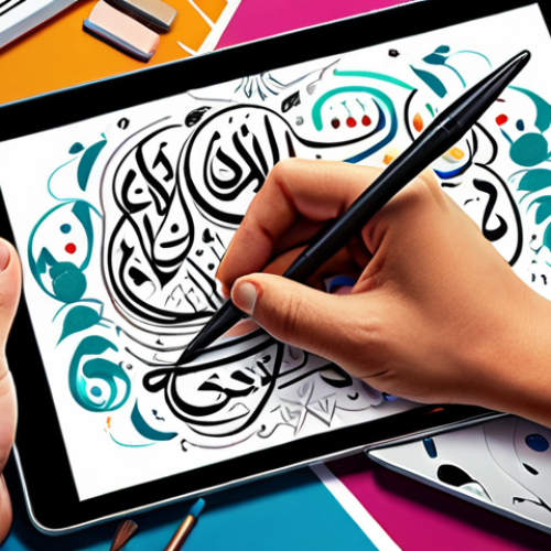 Home 11 **
A vibrant illustration depicting an artist's hands using a digital brush on a tablet, surrounded by swirling colors and sketches. The background subtly features elements representing graphic design like vector shapes and typography, blending the artistic and commercial aspects of illustration and graphic design. Arabic calligraphy elements can be incorporated in the background.
**