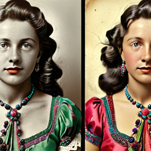 Home 6 ** Restored old photo, showcasing vibrant colors and details brought back to life using Photoshop. (Focus on the "after" result.)
**