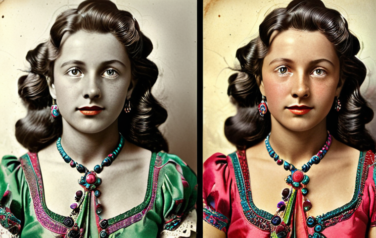 ** Restored old photo, showcasing vibrant colors and details brought back to life using Photoshop. (Focus on the "after" result.)

**
