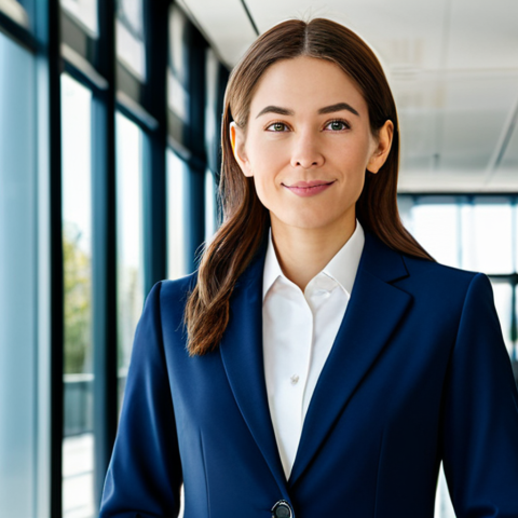 **

A professional businesswoman in a tailored, modest navy blue business suit, standing confidently in a brightly lit, modern office lobby with glass walls and minimalist décor, fully clothed, appropriate attire, safe for work, perfect anatomy, natural proportions, professional corporate photography, high quality.

**