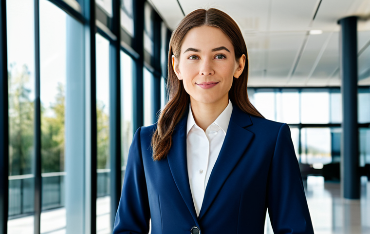 **

A professional businesswoman in a tailored, modest navy blue business suit, standing confidently in a brightly lit, modern office lobby with glass walls and minimalist décor, fully clothed, appropriate attire, safe for work, perfect anatomy, natural proportions, professional corporate photography, high quality.

**