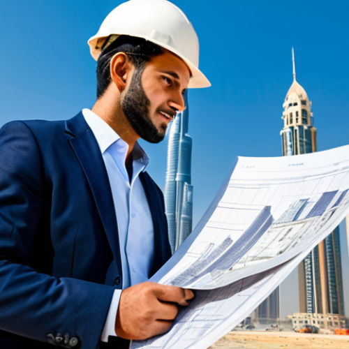 Home 8 **
"A professional architect, fully clothed in modest attire, reviewing blueprints on a construction site in Dubai. Modern skyscrapers rise in the background under a clear blue sky. Safe for work, appropriate content, perfect anatomy, natural pose, high-resolution photography, professional."
**